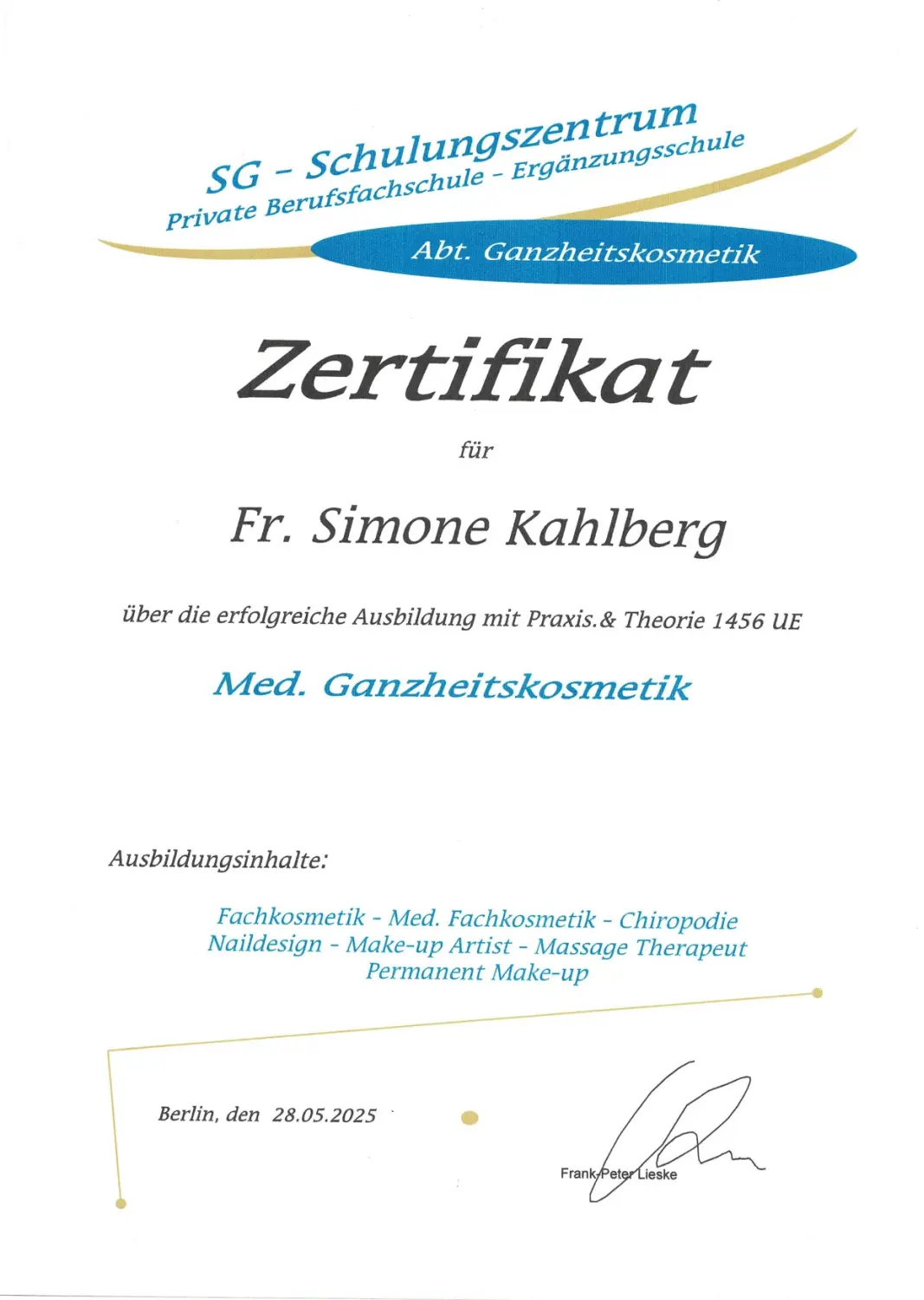 Simone´s Wohlfühleck - Fußpflege, Kosmetik & Spa - Zertifikat